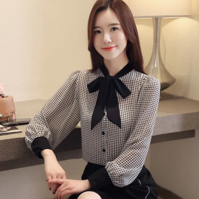 womens tops and blouses long sleeve women shirts fashion bow collor office blouse women plaid chiffon shirt female top clothe