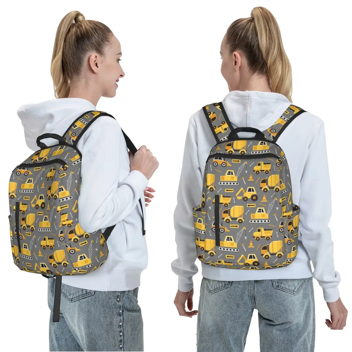 Construction Trucks On Gray Backpack Daypack Large Capacity Kids BookBag School Bag Shoulder Bags for Men Women