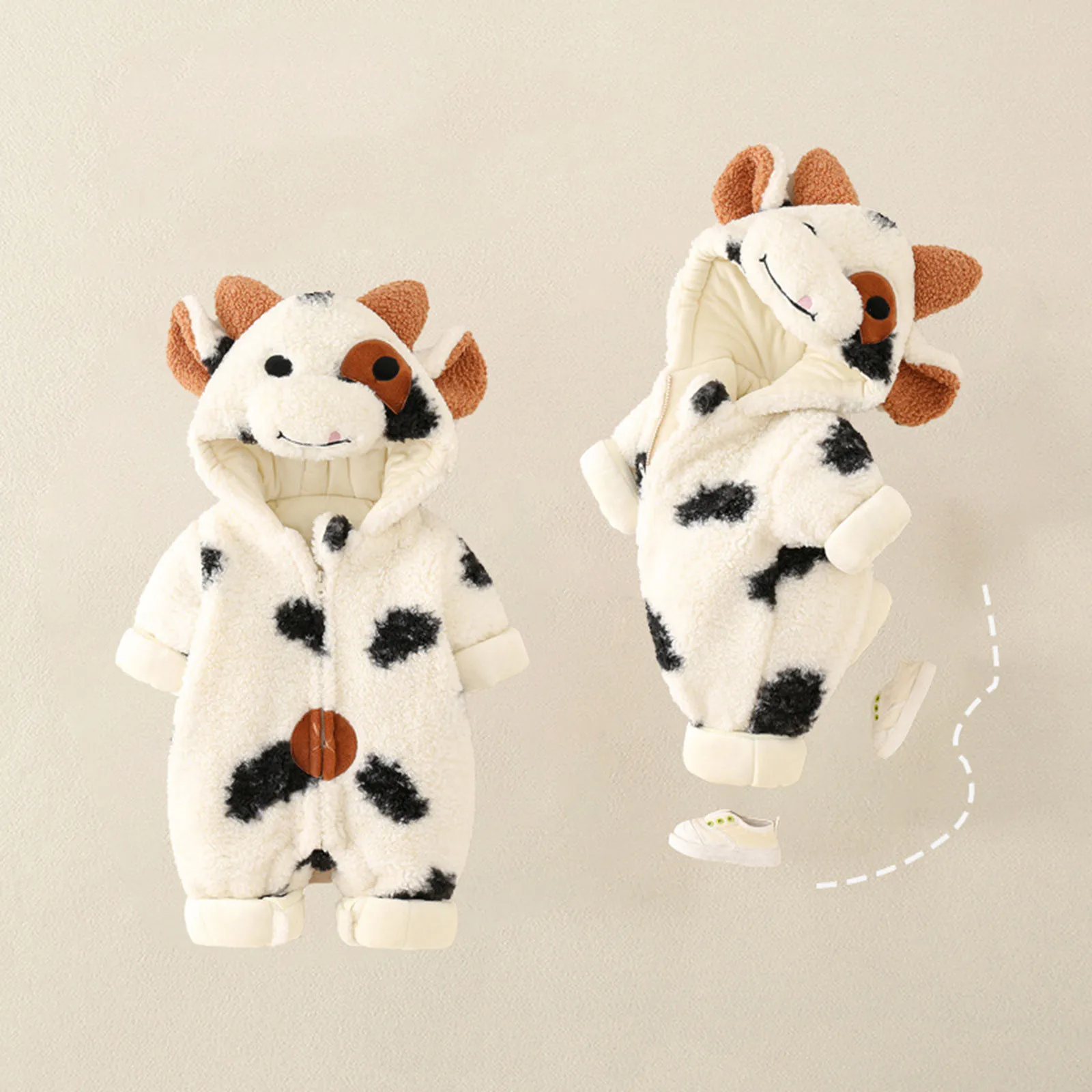 

Cute Cow Print Toddler Infant Kids Hooded Romper Thick Fleece Warm Winter Bodysuit Newborn Baby Boy Girls Jumpsuit Outfits 2023