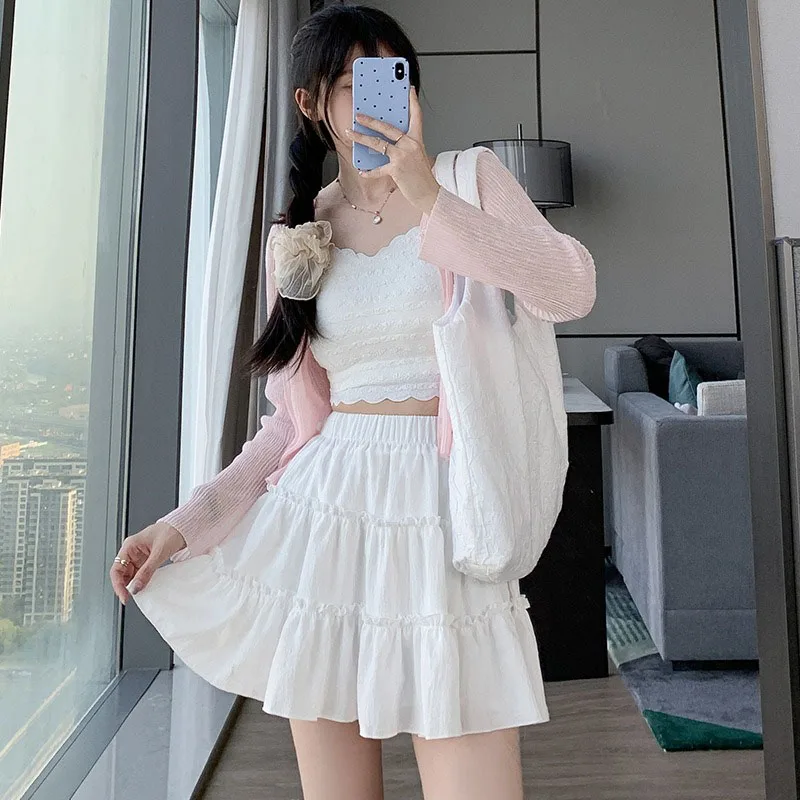 DongCMY Cake A-line Short Skirt New High Waist Thin Sweet Wooden Ear Edge Fairy Skirt To Prevent Light Faldas Plisadas Cortas