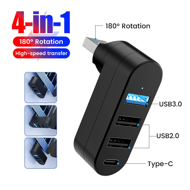 4 Port USB 3.0 Hub 90° 180° Rotatable 3 USB A 1 USB C Power Data Transfer For PC Computer Laptop Car iMac MacBook Air Pro Adapte