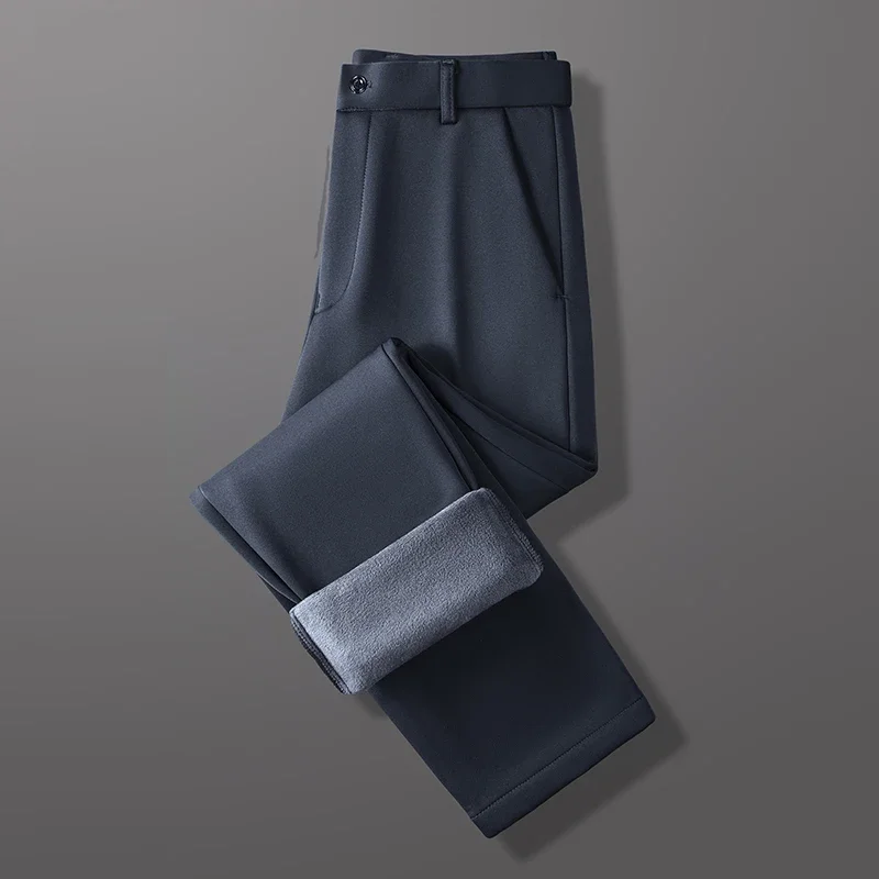 High Stretch Men Warm Suit Trousers Windproof Outer Fleece Interior Waist Button Design Interview Banquet Daily Bottoms