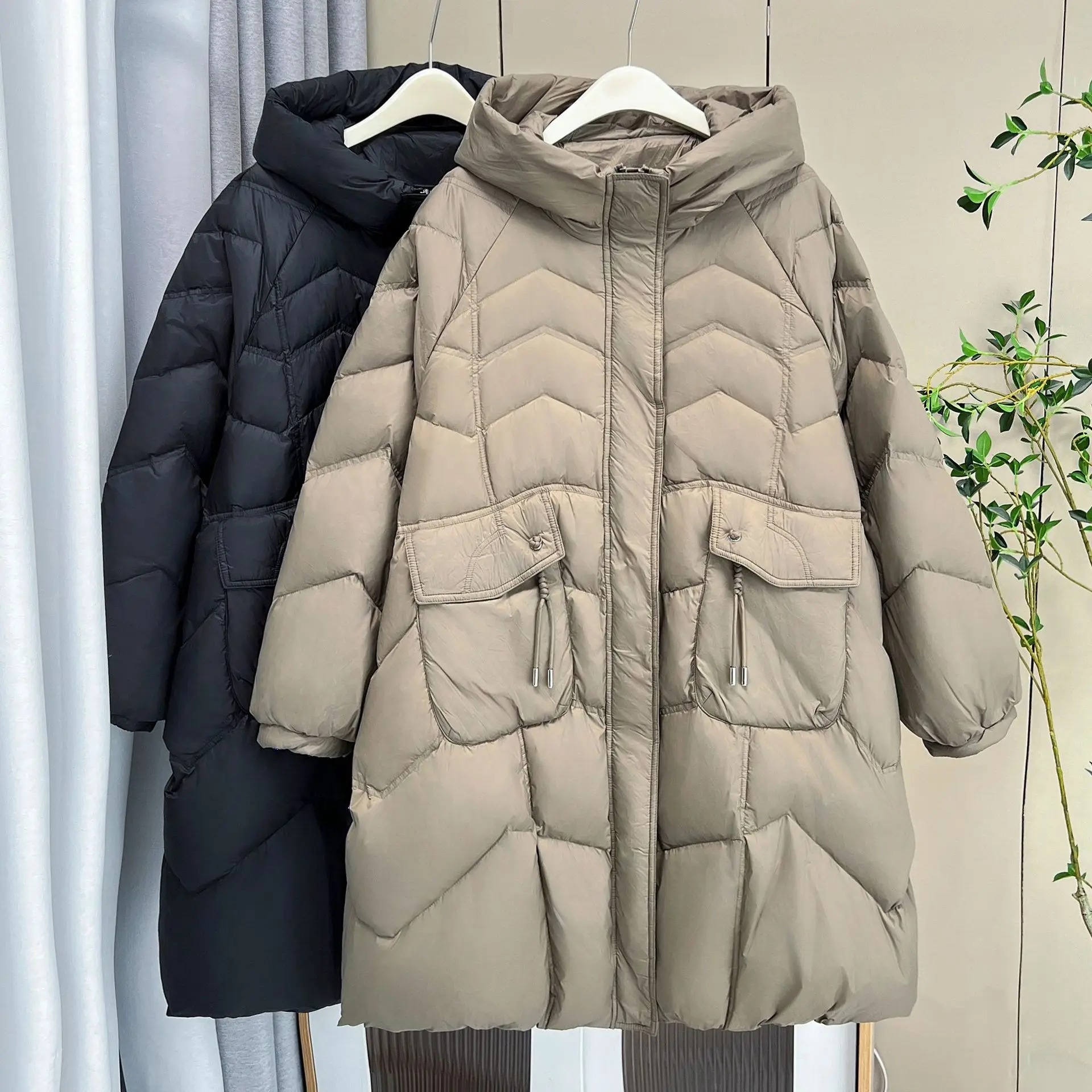 Women Winter Down Coat Loose Thickened Big Pocket Hooded Buckle Decoration Warm Long 90% White Duck Down Jacket 2776