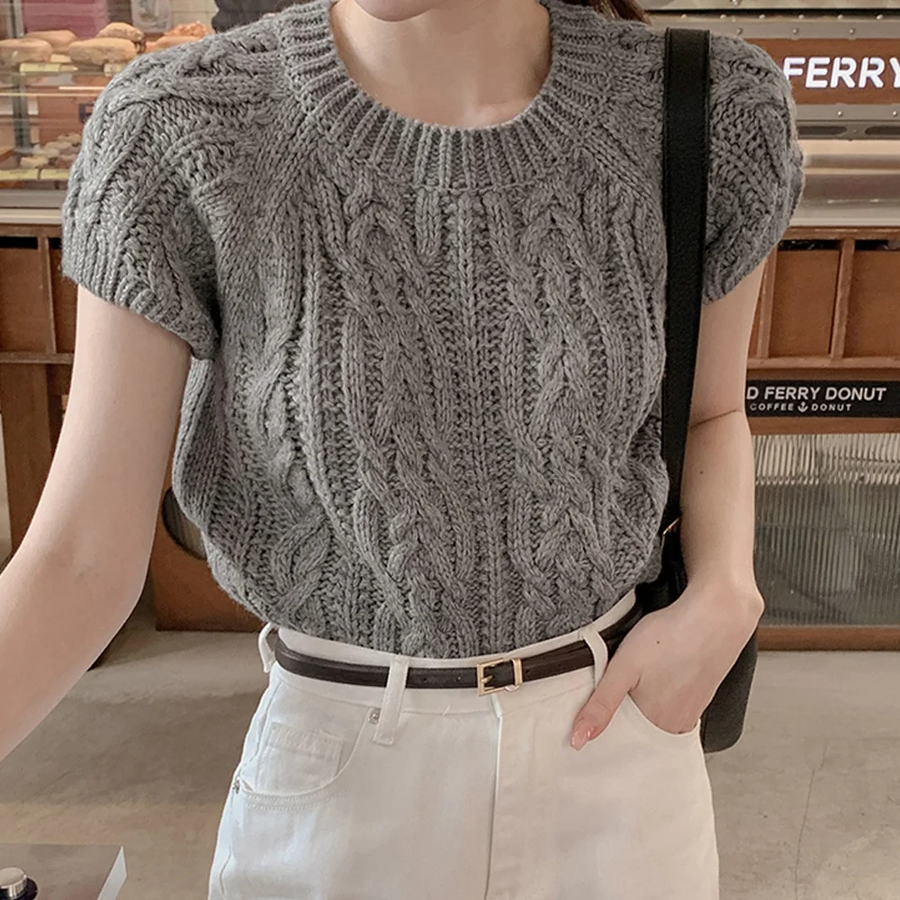 

Women's Knitted ort Sve round Ne Sweater Spring Autumn Faionable Color Heavy Weight Twist Pure Color Top