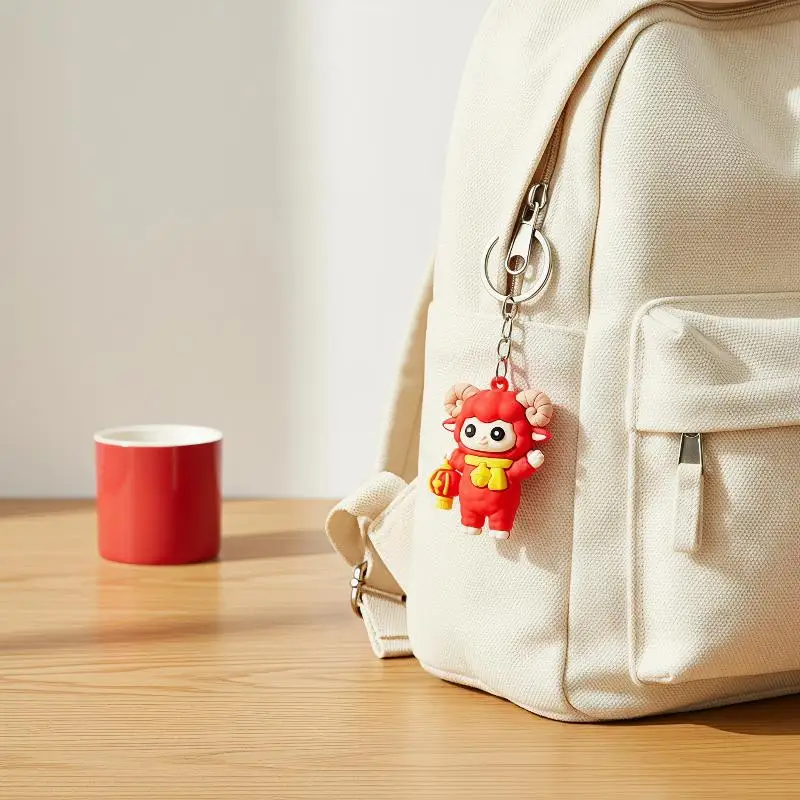 Cute Red Cartoon Sheep Keychain Waterproof Soft Rubber Pendant Lightweight Key Ring for Christmas Gifting