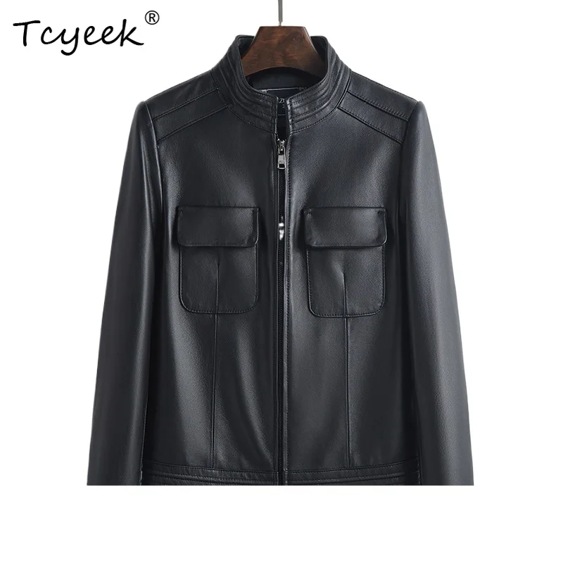 Tcyeek Chaqueta de Cuero de piel de oveja para mujer primavera otoño cuello levantado de manga larga Chaqueta corta negra para motocicleta Chaqueta Cuero