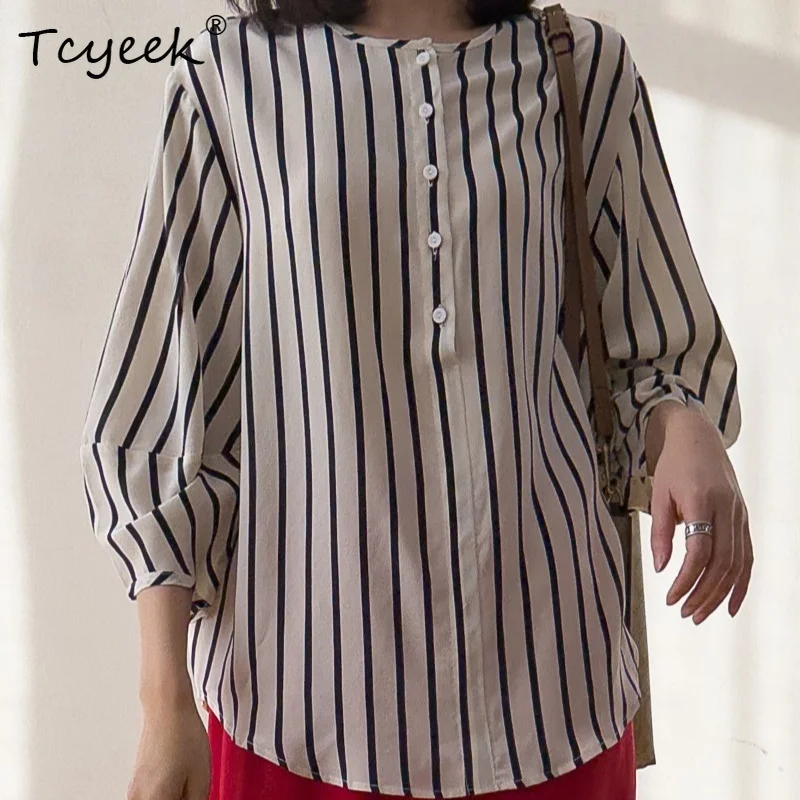 Tcyeek 100% Real Silk Blouse Women 2026 Spring Summer Navy Vertical-striped Lantern-sleeved Shirts Female Clothing Chemise Femme