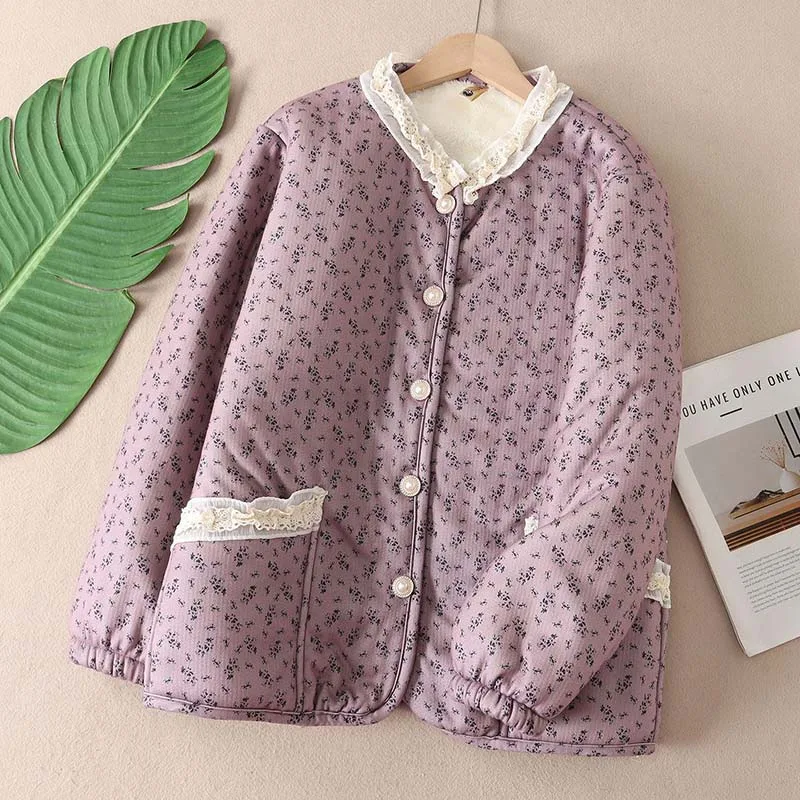 Lace Cotton-padded Jacket Winter Plush Jacket Women Floral Pattern Large Size Plate Round Collar Fleece Cotton Coat Outwear