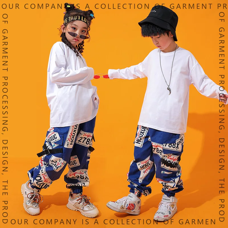 Kid Hip Hop Clothing Pure White Long Sleeve T Shirt Top Print Street Cargo Jogger Pants for Girl Boy Jazz Dance Costume Clothes