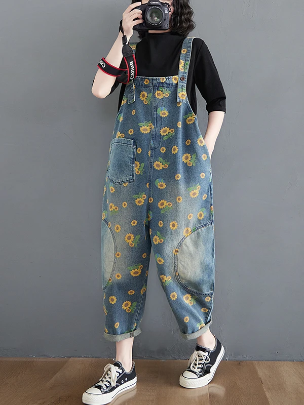 

Retro Artistic Printed Denim Overalls Women's Spring Autumn Large Size Fat MM Slimming One-Piece Pants High Waist Nine-Piece