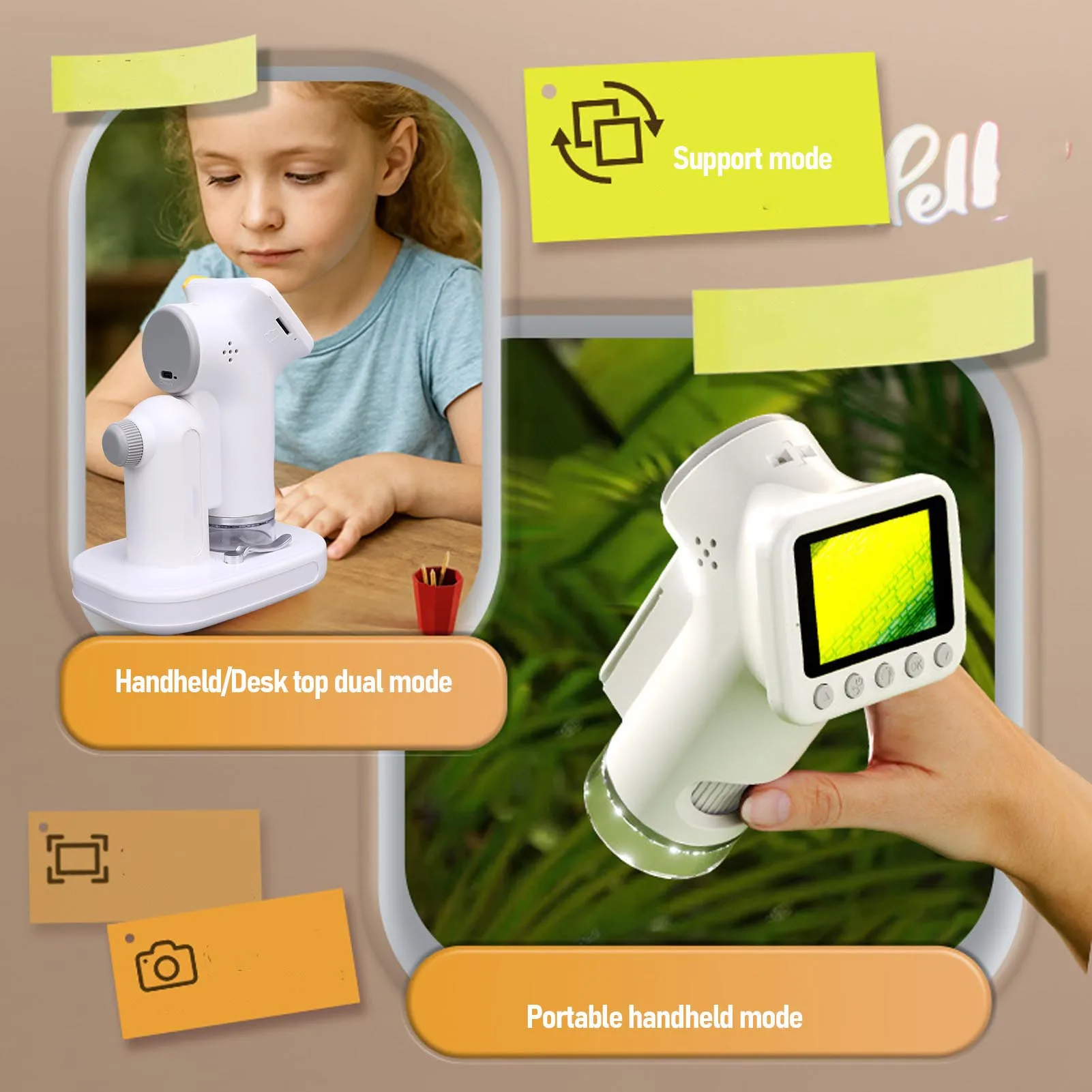 Mini microscópio portátil para crianças, tela profissional de 2 polegadas, microscópio digital com luz LED inteligente para aventuras ao ar livre