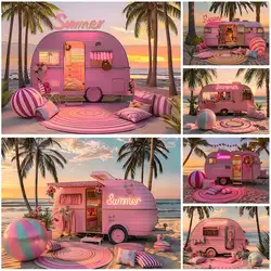 Mocsicka Summer Backdrop Photography Beach Sunset Pink Van Palm Tree Tropical Holiday Photo Background for Studio Shooting Props