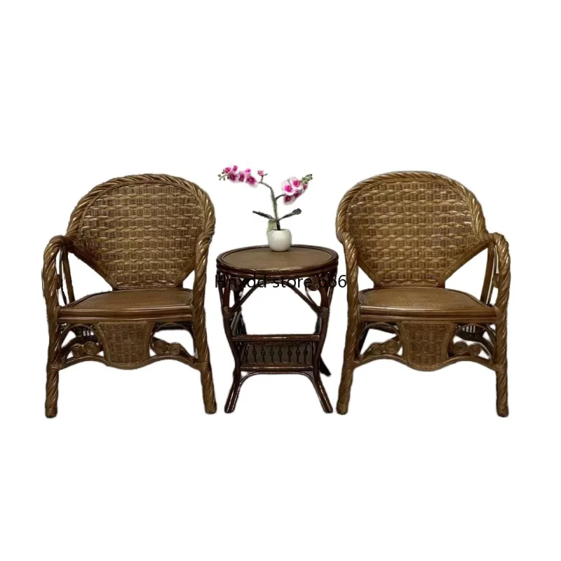 Natural real rattan chair three-piece balcony tea table combination high backrest household rattan armchair