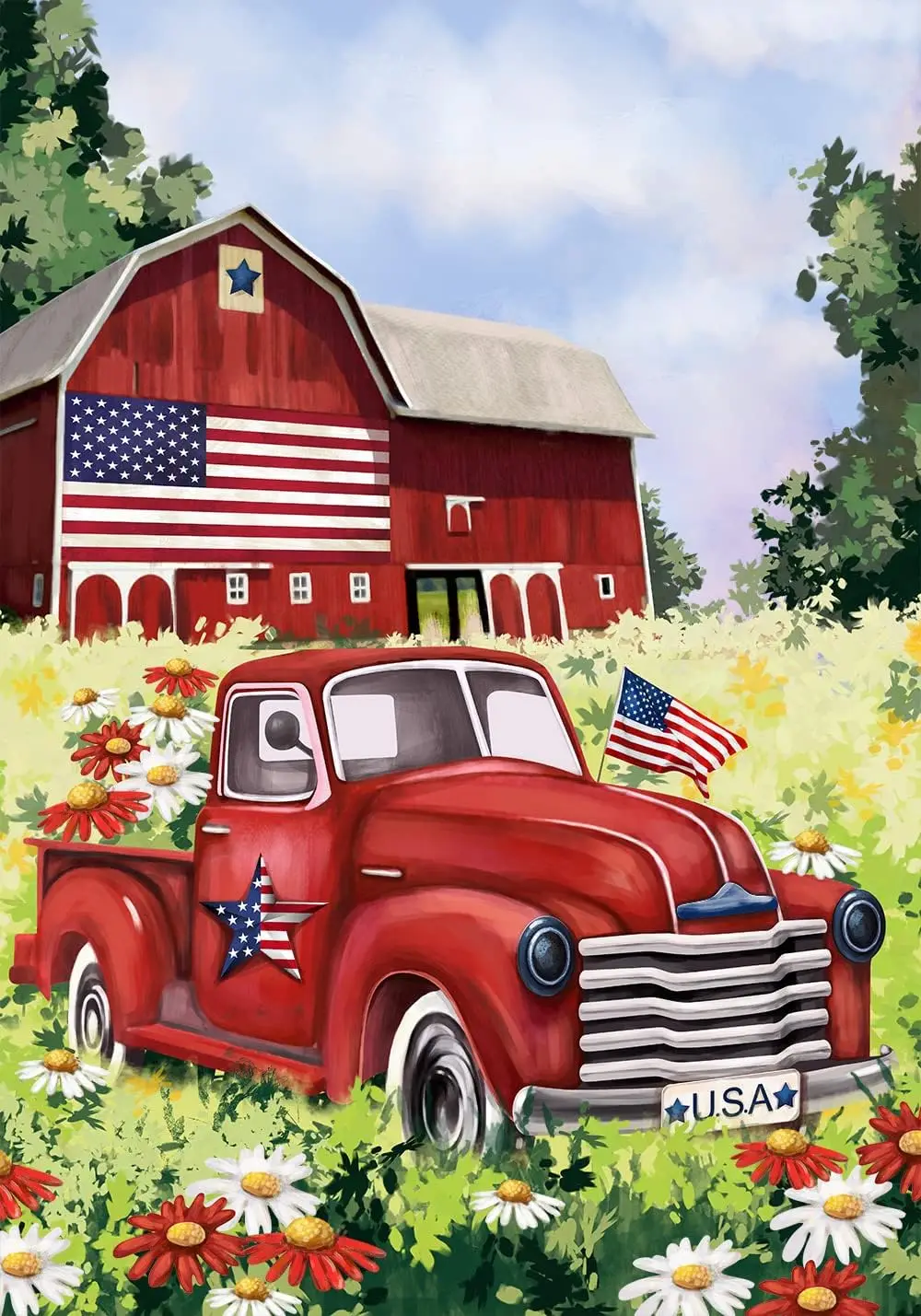 Texupday America Patriotic Red Truck Floral Daisy House Decoration Spring Summer Garden Flag USA Independence Day July 4th Outdo