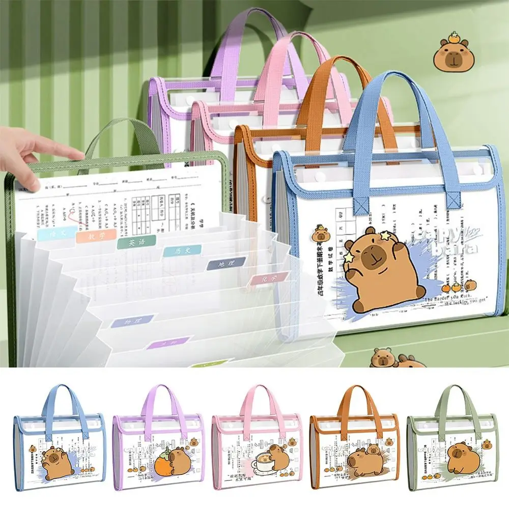 

13 Pockets Capybara Expanding File Bag Large Capacity Transparent Test Paper Storage Bag Cute Waterproof A4 File Folder Students