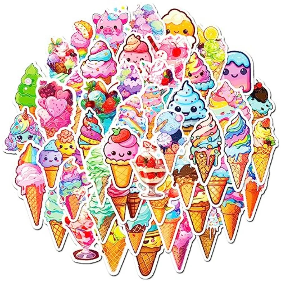 50 Pcs Lovely Ice Cream Stickers Pack Cute Colorful Food Waterproof Vinyl Decal Stickers for Water Bottles Laptop Luggage Cup S