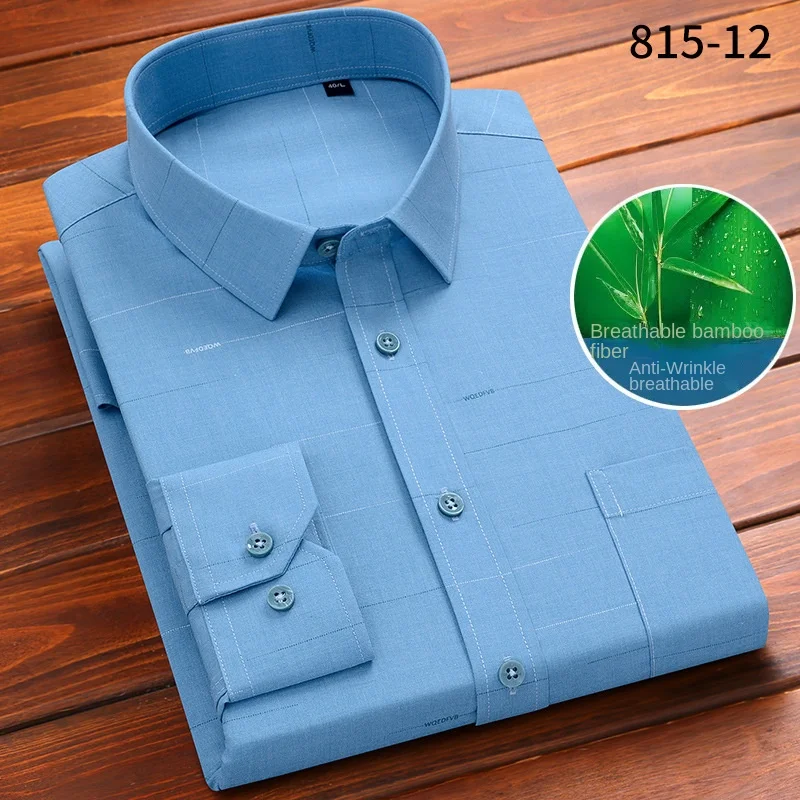 2024 four seasons new viscose bamboo fiber striped plaid men's long sleeve shirt business casual middle-aged and elderly shirts