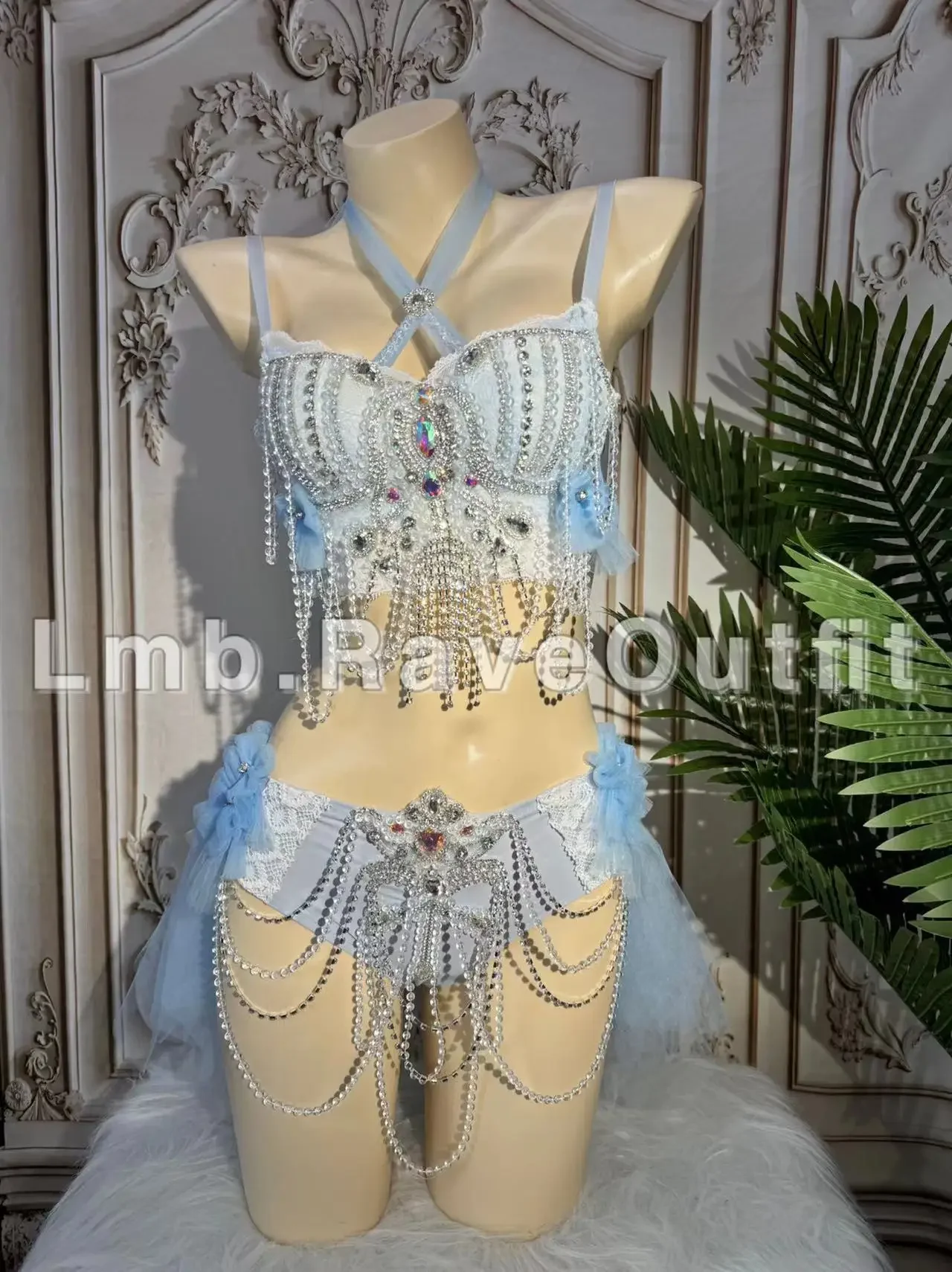 Sexy Blue Luxurious Tassel Shiny Diamond Bikini Outfits Bar Nightclub Singer Dance Stage Wear Party Birthday Prom Rave Costume