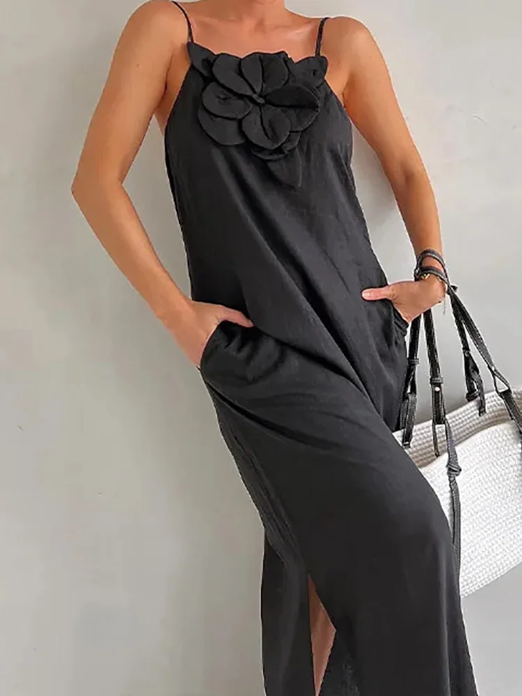 

Holiday Sleeveless Patchwork Maxi Dress, Spaghetti Strap Loungewear Party Dress, Solid Fashion Elegant Ladies Dress Streetwear