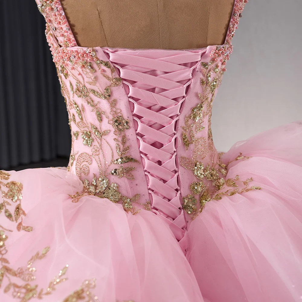 Alças de espaguete princesa Vestidos Quinceanera, lantejoulas com renda, doce vestido de festa de 15 anos, rosa, 2024