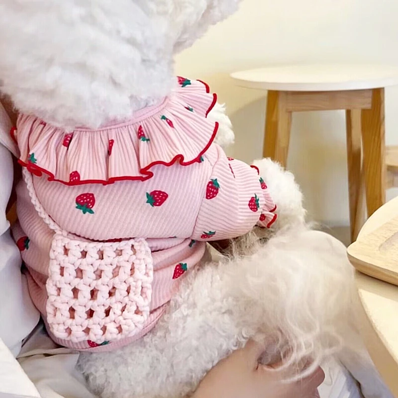 Pink Strawberry Puppy Vest Thin Lace Pet Clothes Teddy Cozy Summer Dress Pet Dog Fruit Clothes Dog Accessories