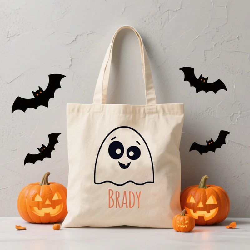 

Personalized Name Funny Ghost Canvas Tote Bag Custom Spooky Halloween Party Decoration Festival for Kid Boy Girl Trick or Treat