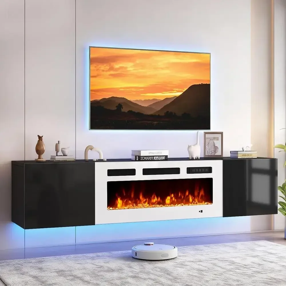

70 Floating TV Stand with 36 Electric Fireplace, Wall Mount Entertainment Center for TVs up to 80, Adjustable 12-Color LED Light