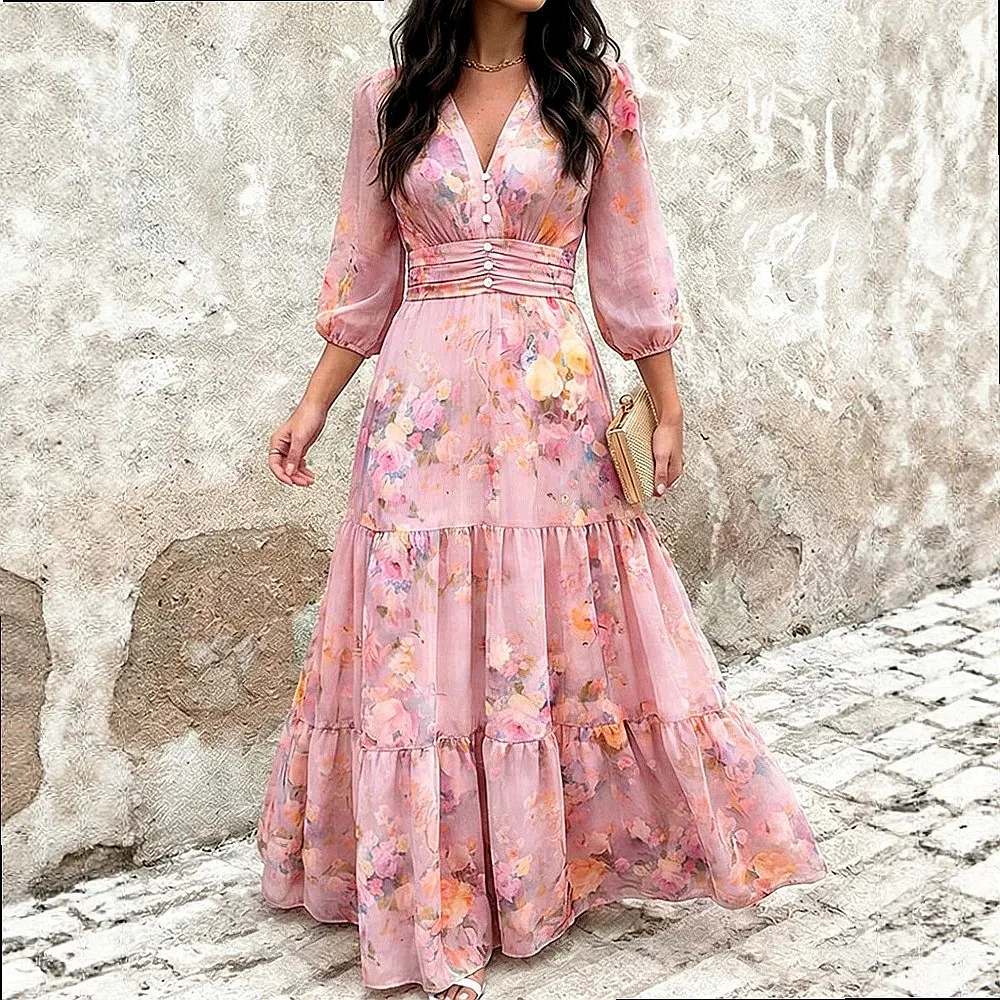 Women Floral Print Chiffon Maxi Dress V Neck Three Quarter Sleeve Layered Ruffles Smocked Waist Dresses