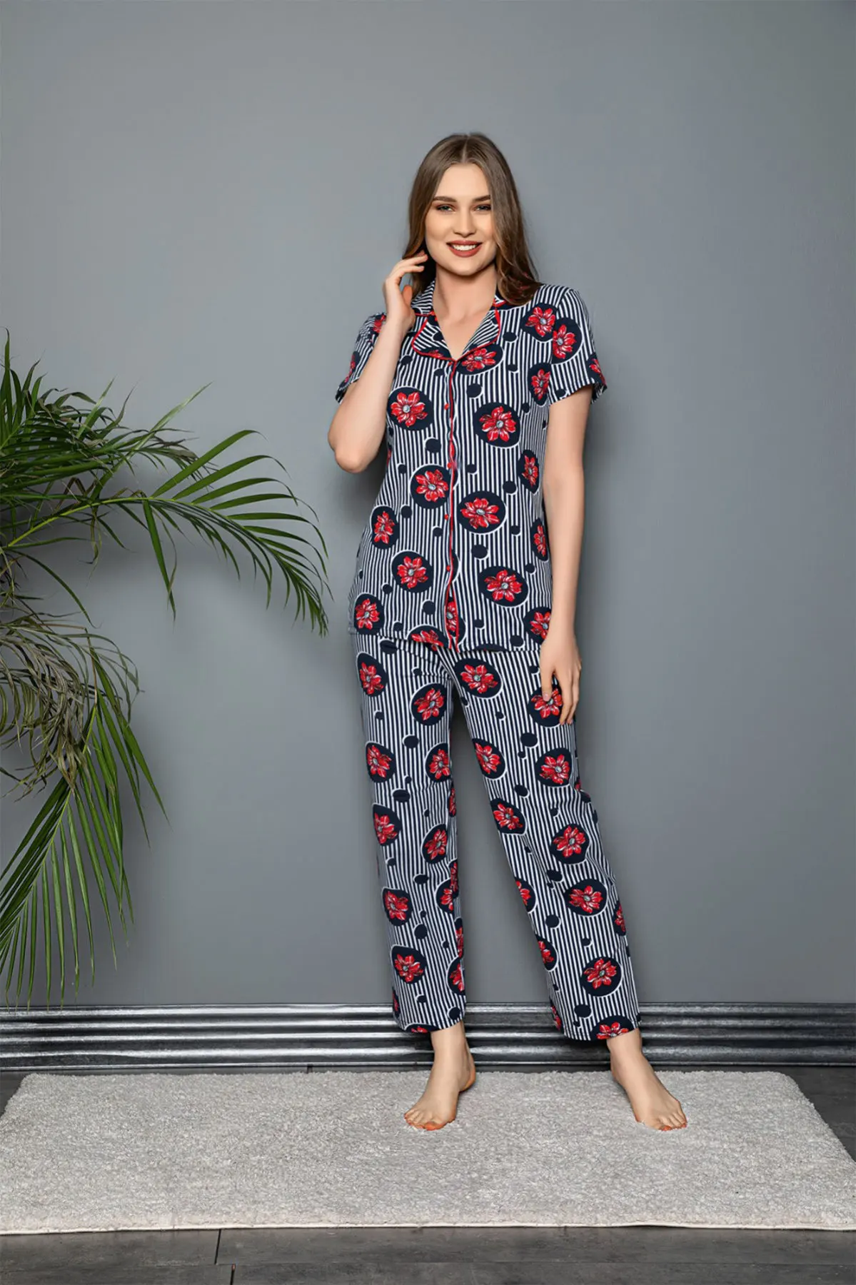 Shirt Collar Short Sleeve Pajamas Set Sleepwear Pants Suit Sleepwear Women Home Clothes Set For Woman Cute Winter Clothes Women