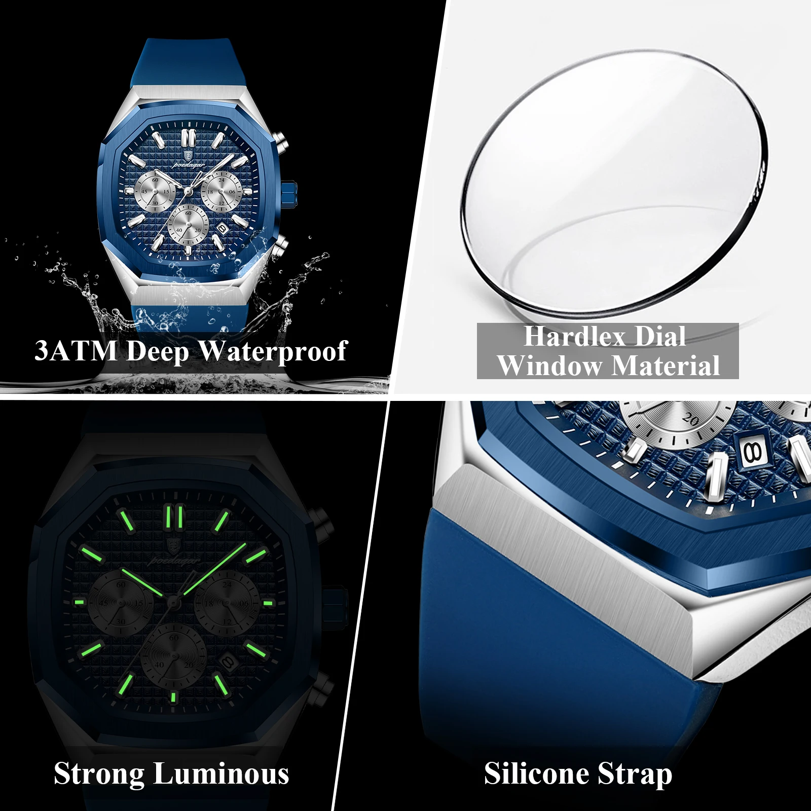 POEDAGAR رجال الأعمال ساعة كرونوغراف تاريخ سيليكون حزام كوارتز رجل ساعة مقاوم للماء مضيئة موضة ساعات للرجال Reloj