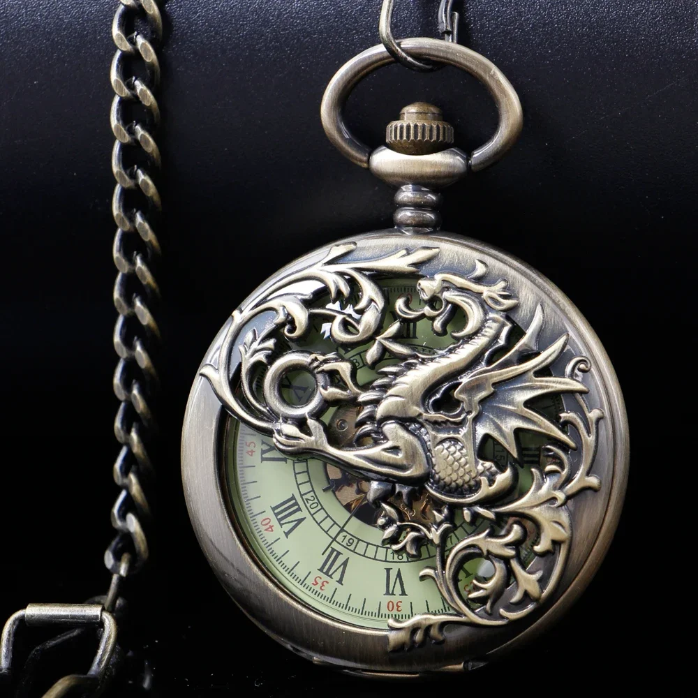 

Vintage Mechanical Pocket Watch Mens Hand-winding Skeleton Dragon Chain Retro Roman Numerals Display Pocket Clock