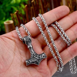 Norse Viking Thor's Hammer Pendant Necklace Stainless Steel Vintage Odin Viking Necklace Men's Chain Biker Jewelry Gift