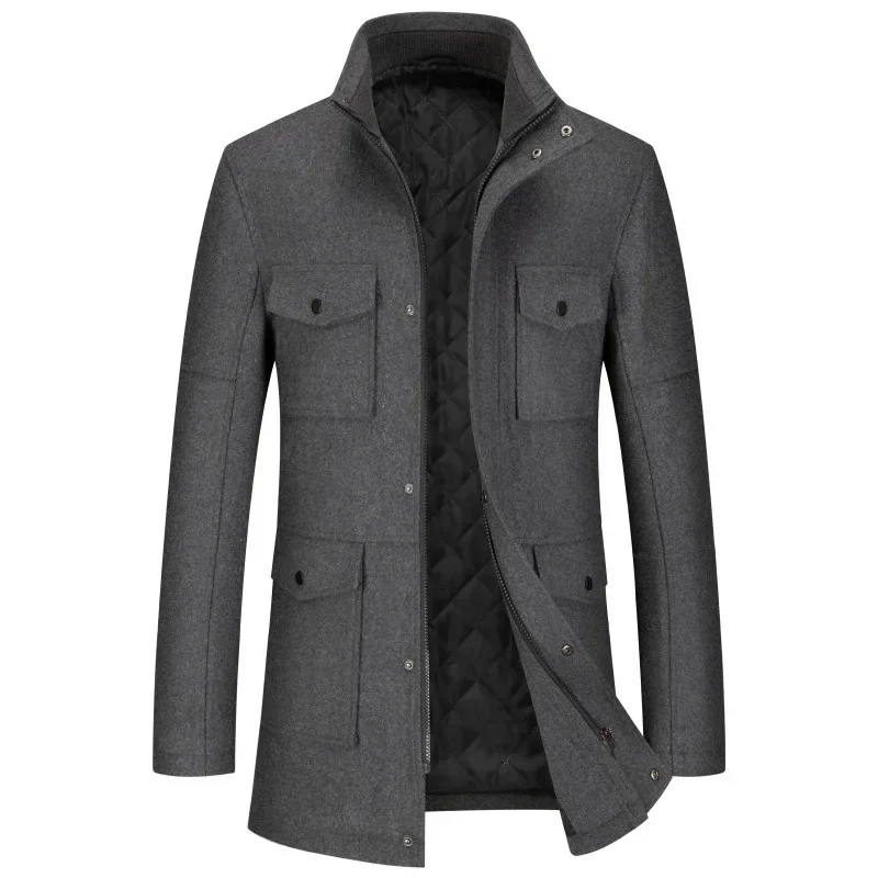 Men New Winter Multiple Pockets Woolen Coat Thicker Warm Cashmere Trench Jacket 3XL M617