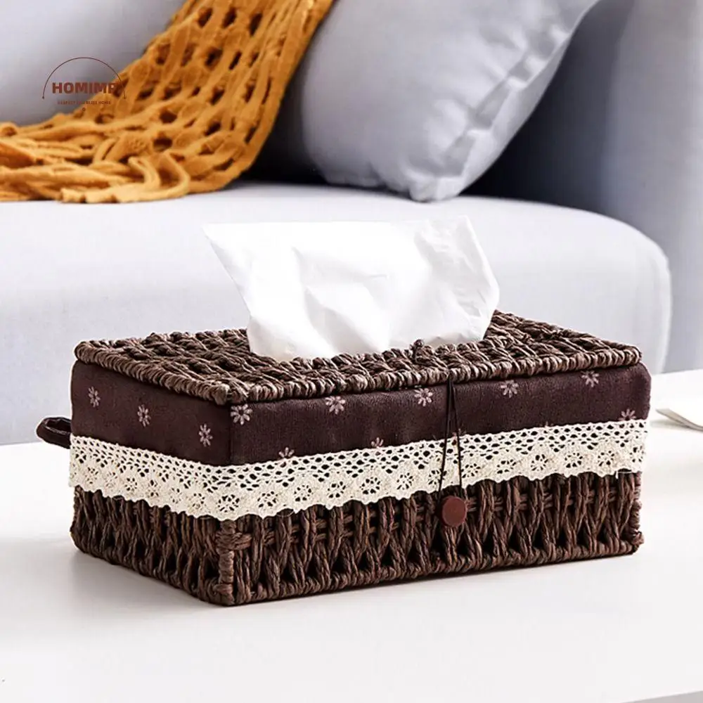 

Rustic Creative Tissue Holder Hand Woven Square Napkin Case Stylish Household Straw Knitting Basket Office