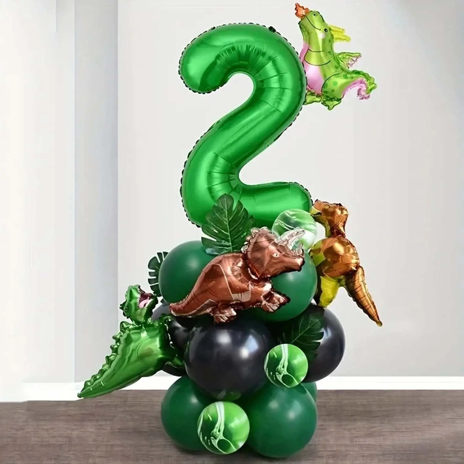 25-teiliges Grünes Dschungel-Dinosaurier-Dekorationsset für Jungen-Geburtstagsfeier, Zahlenballon, Säule, Tyrannosaurus Rex, Feuerdrache – Detail 4