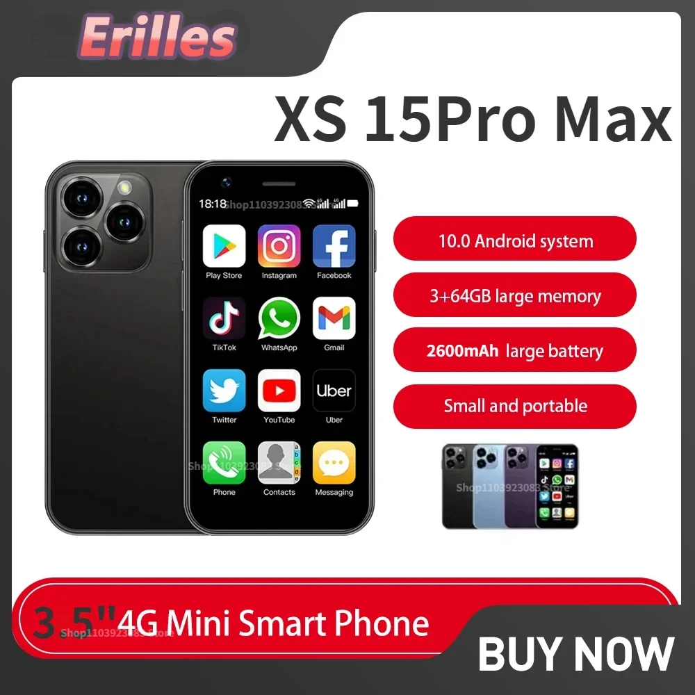 XS15Pro Max Mini Smartphone 3.5 Inch 4G LTE 3GB RAM 64GB ROM Android 10.0 Quad Core 2600mAh Type C Dual SIM Standby Small Phone