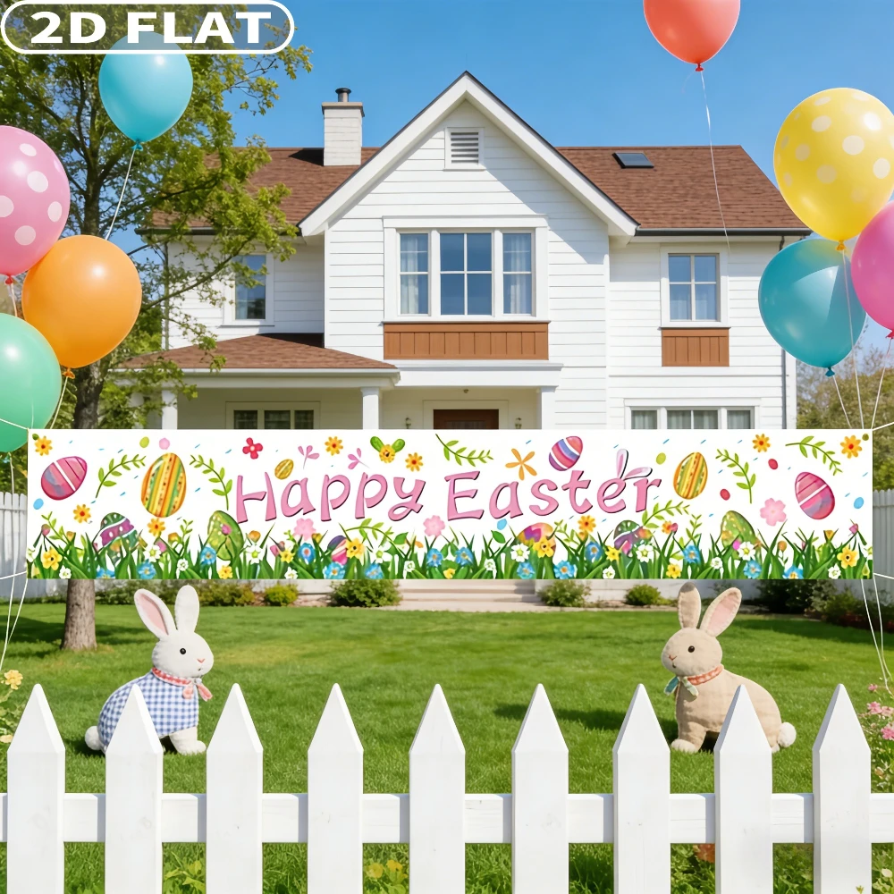 2D FLAT 1pc Happy Easter Tapestries Banner, Polyester Fabric, Festive Party Decor, 50x300cm/19.69x118.11 Inch