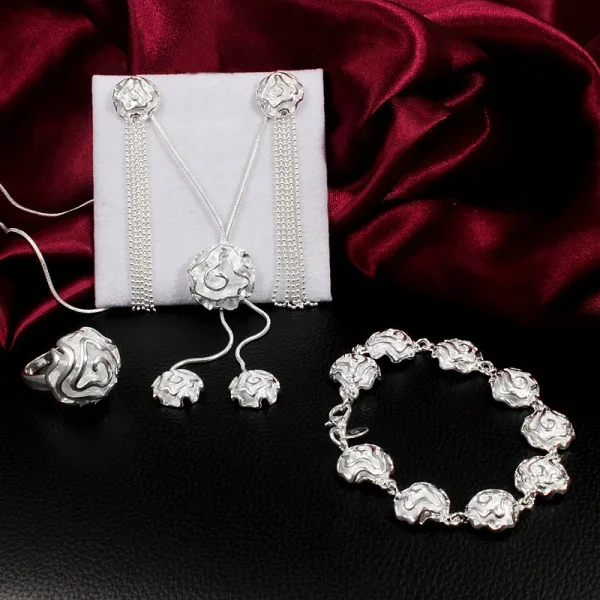 

Street fashion 925 sterling Silver charm Rose flower rings necklace bracelet earrings Jewelry set for Women Party wedding gifts