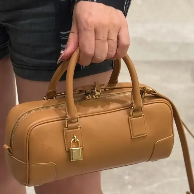 Genuine Leather Shoulder Bag Brand Designer Boston Handbag High-grade  Bowling Bag Gold Lock Versatile Simple Leather Handbag