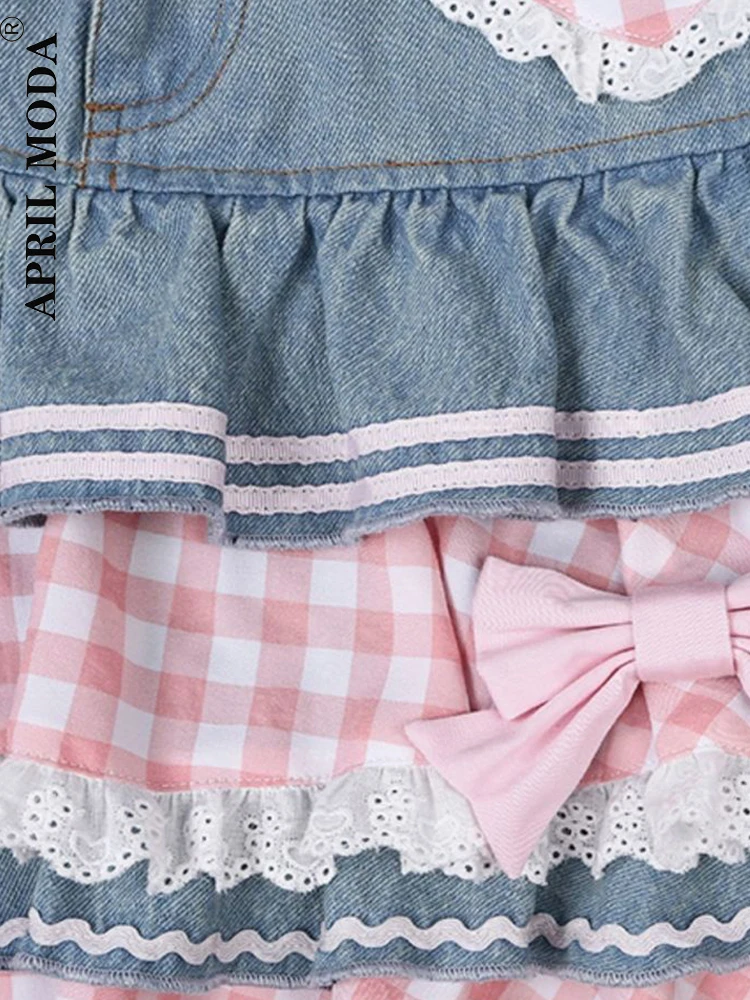 2023 Summer Sweet Lolita Denim Skirt Y2K Girls Cute High Waist Casual Bow Tiered Skirts Women Korean Hearts Kawaii Mini Skirts