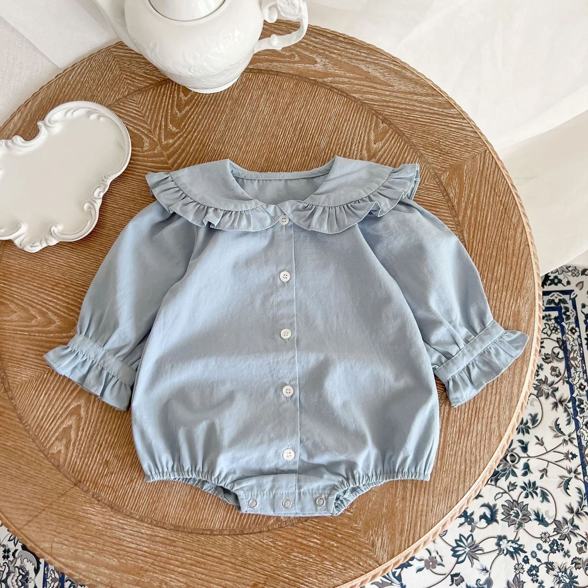 Spring and Autumn Girl Baby Simple Solid Color Lace Doll Neck Long sleeved Sweetheart
