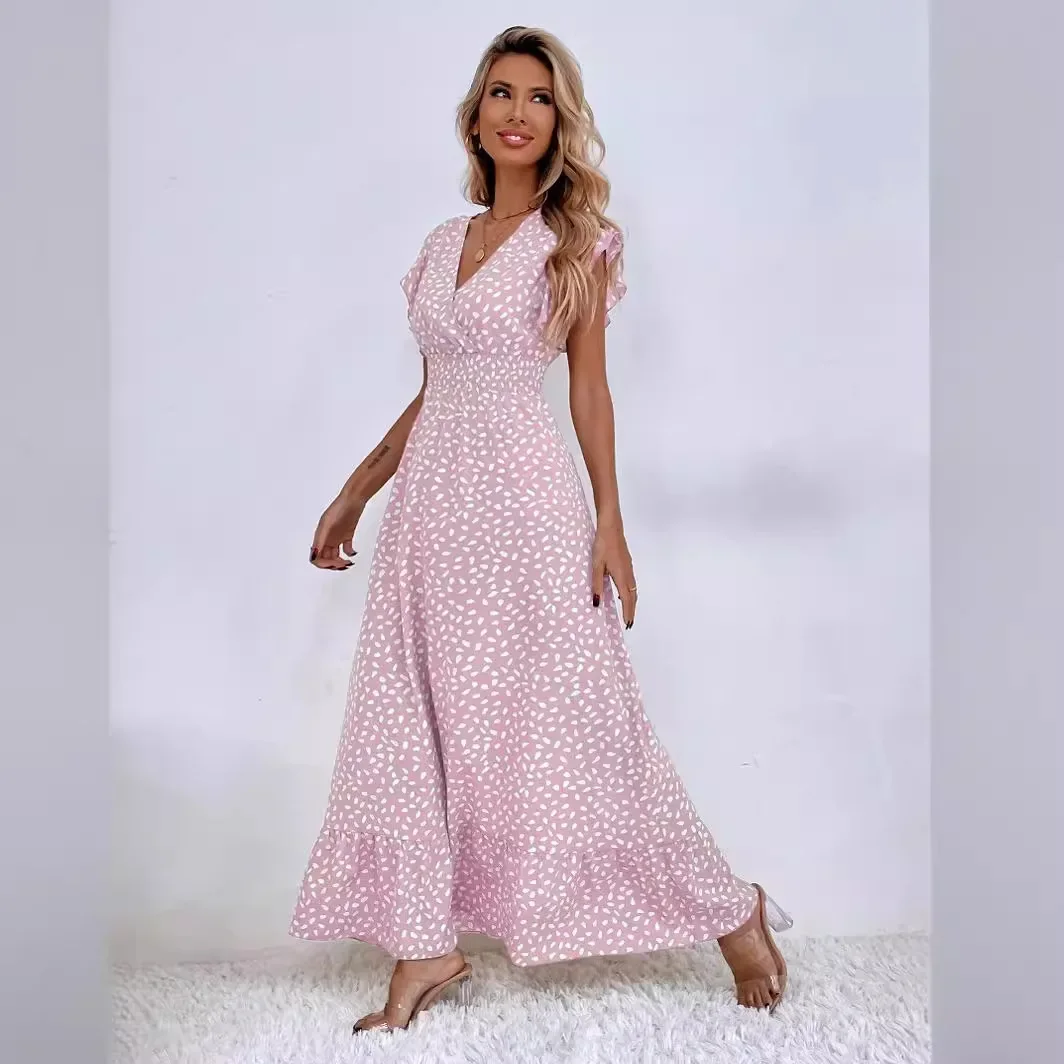 Abito lungo estivo con stampa floreale abito elegante arruffato da donna con scollo a v prendisole da spiaggia abiti Casual a maniche corte per le donne