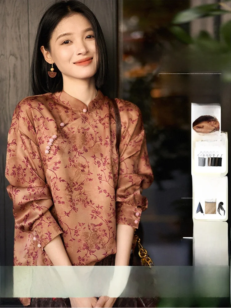 

Ele Silk Print Women's irt Traditional Red Cloud Silk Soft Breathable Floral Patterned Long Sve Stand Collar Top