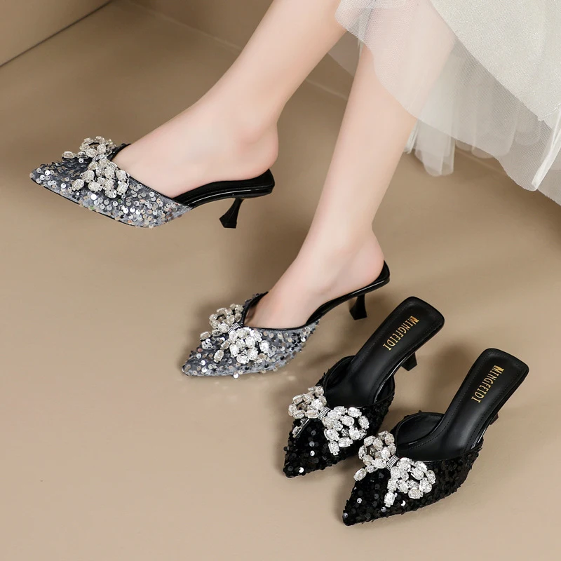 

2026New Bowknot French Style Rhinestone Thin Heel Closed-Toe Mules for Women, Summer High-Heeled Pointed-Toe Sandals
