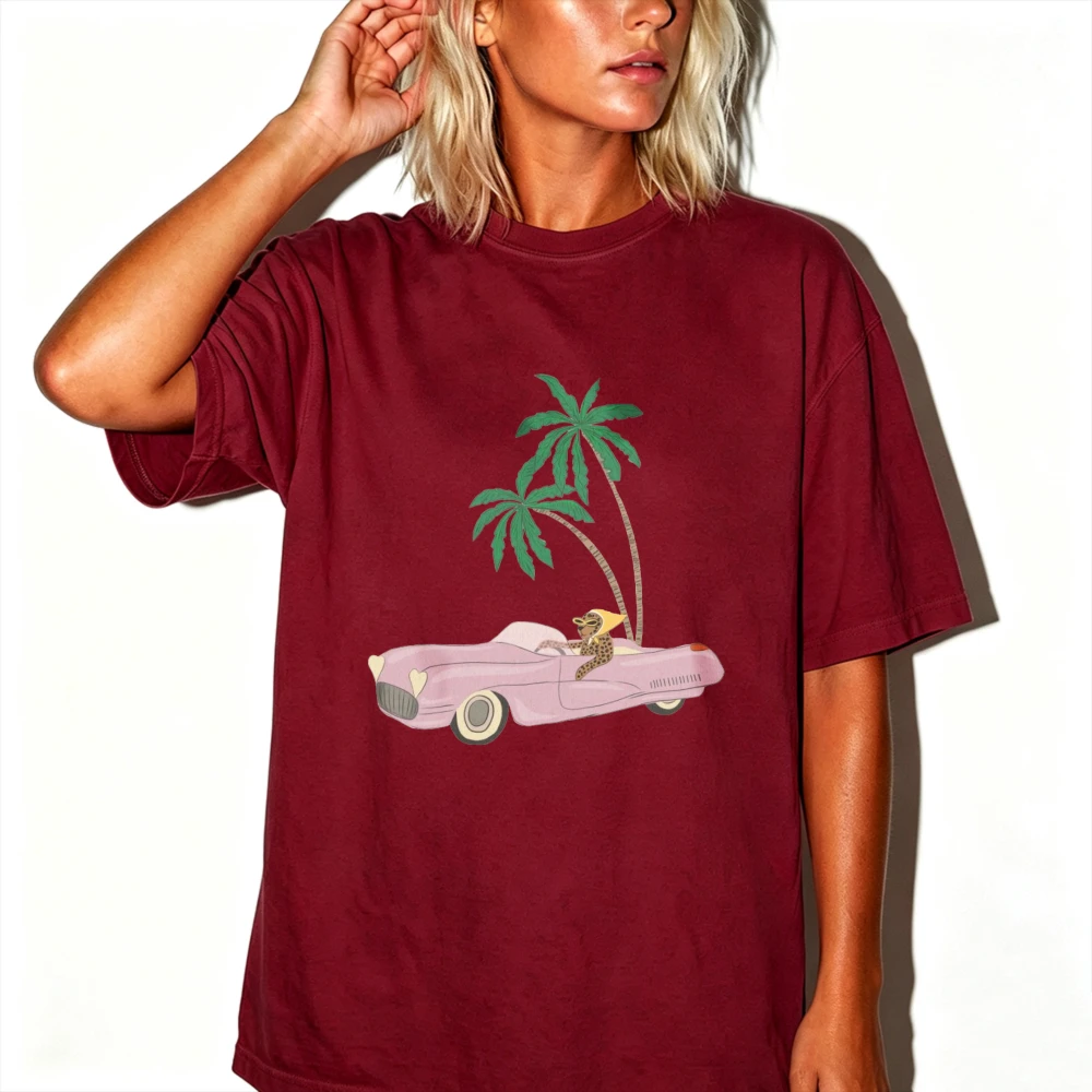 Hand Drawn Pink Vintage Convertible Car Cat Driving Under Palm Trees Print Women Cotton T Shirt Summer Tropical Holiday Tops Tee