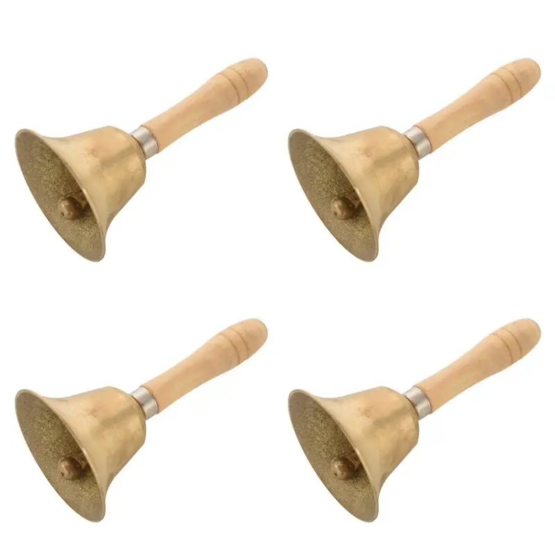 AB31-4X Solid Brass Wooden Handle School Reception Dinner Wood Shop Hotel Hand Bell Gold