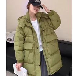 Women's Loose Hooded Down Jacket, Long Warm Coat, Korean Version, Commuting Parker, Autumn and Winter, New, 2024