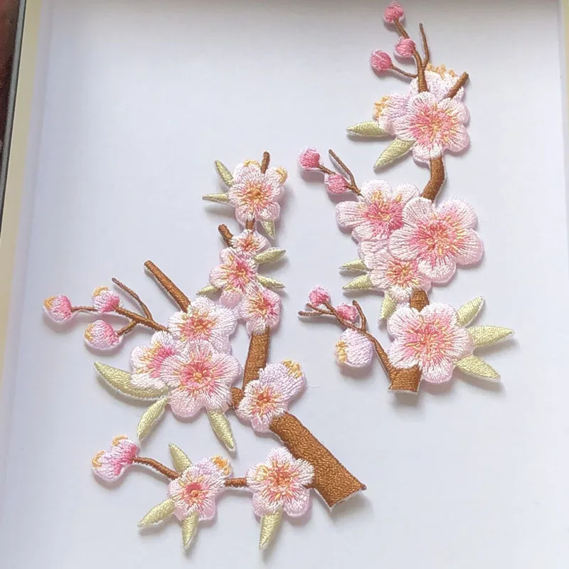1 Piece Iron on Embroidery Plum Blossom Branch Stickers DIY Fan Jewellery Box Bag Garment Patch Decoration Adhesive Backing