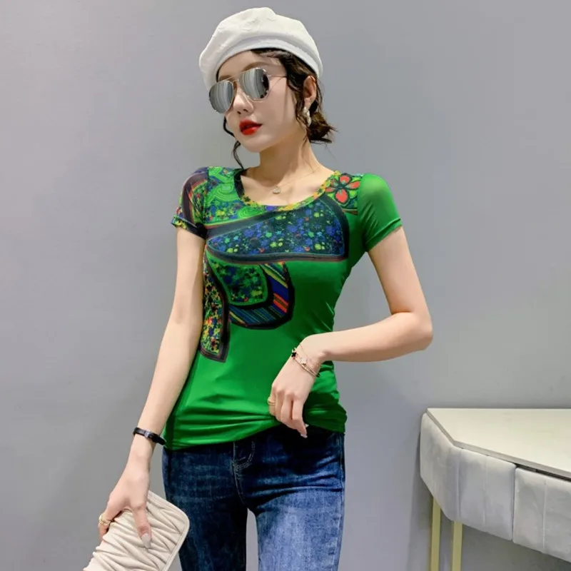 #5193 Printed T Shirt Femme Sexy Tight T-Shirt Ladies Thin Elastic Mesh O-neck Summer Skinny Short Sleeve T Shirt Women Vintage