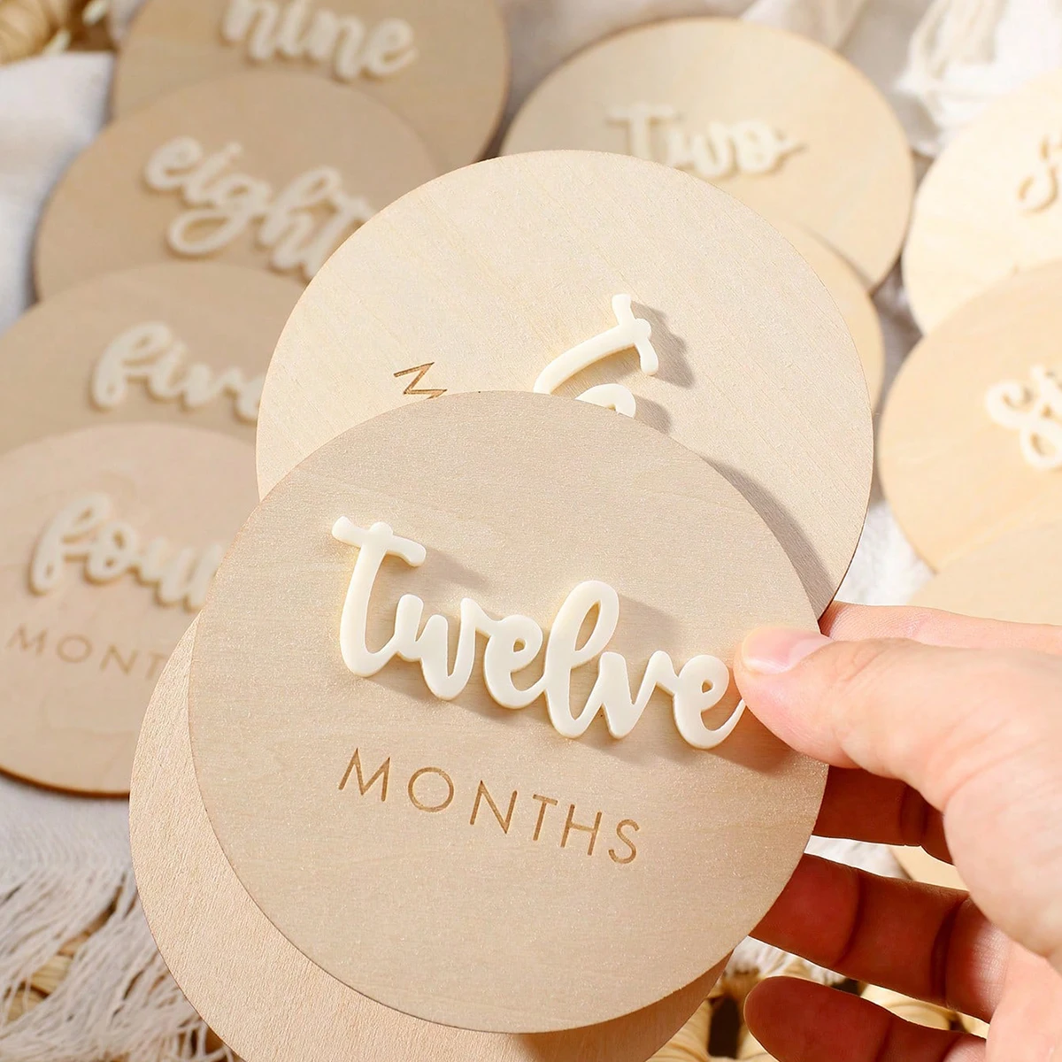 Ylsteed 12Pcs 1-12 Month Newborn Monthly Milestone Wooden Cards Dics Baby Keepsakes Newborn Photo Props